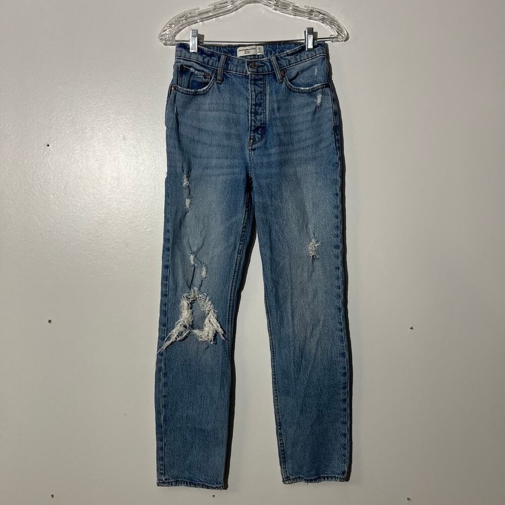 Abercrombie & Fitch The Dad High Rise Button Fly Distressed Blue Jeans Women's 0